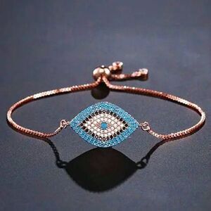 Rose Gold Evil Eye Protection Bracelet Adjustable Blue Turquoise Dainty Charm